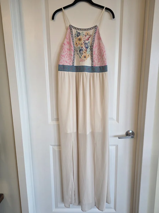 Flying Tomato Cream Dress with Pink, Blue & Yellow Floral Embroidery - Picture 2 of 5